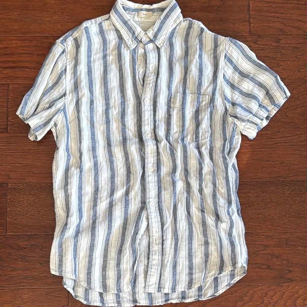 Men's Striped Casual Shirt - Blue and White JCrew Irish Linen